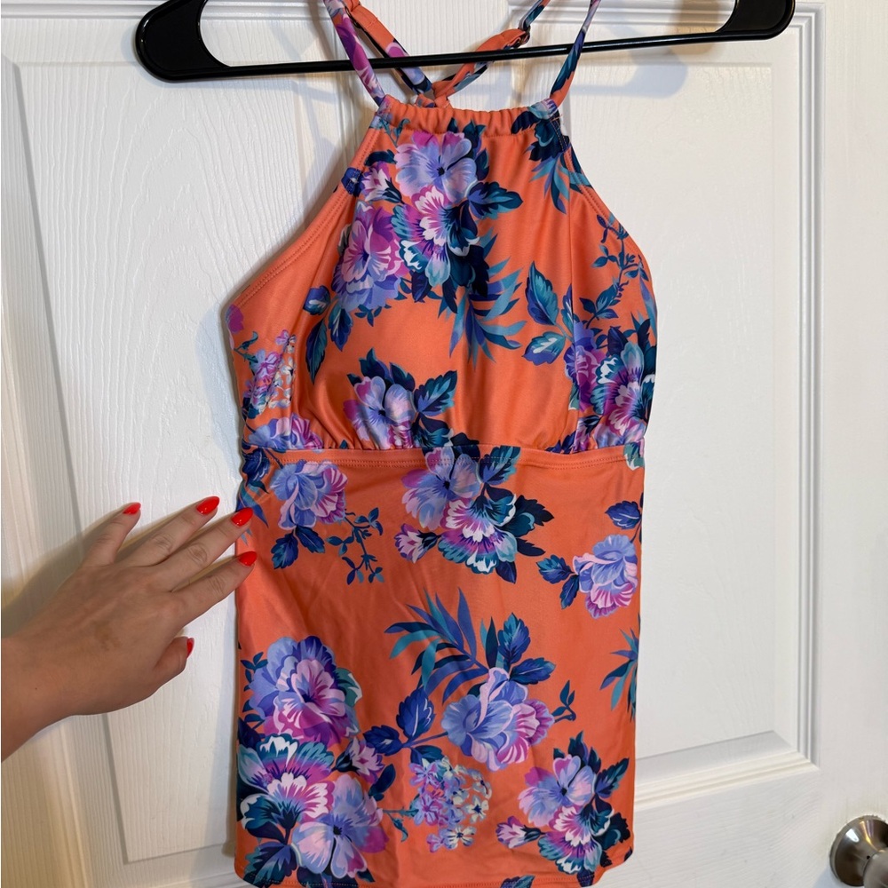 Floral Halter Tankini Swim Top in Orange & Purple Floral